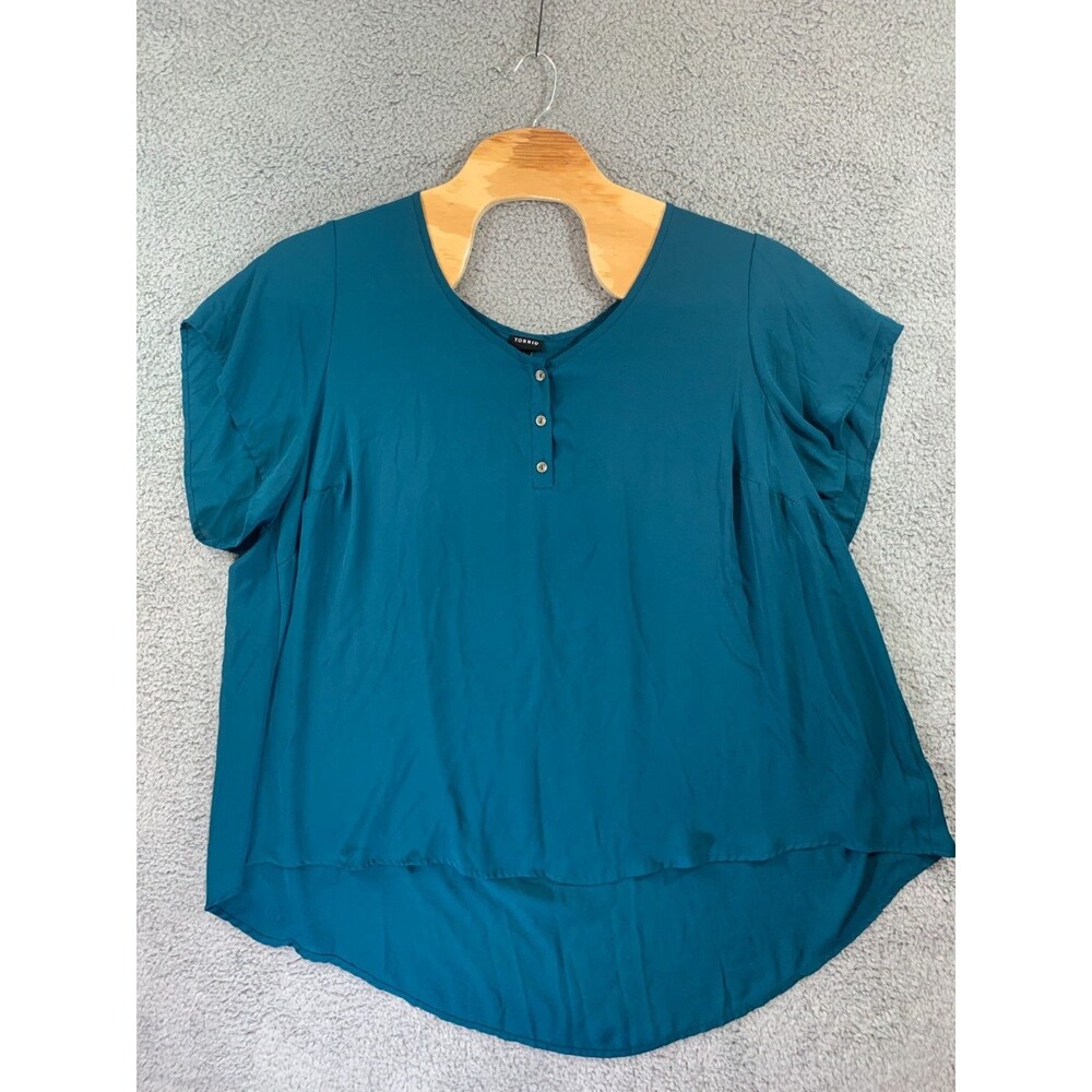 Torrid Size 5 Women's Teal Green Blouse Sleeve-cap Plus Size Lightweight V-Neck